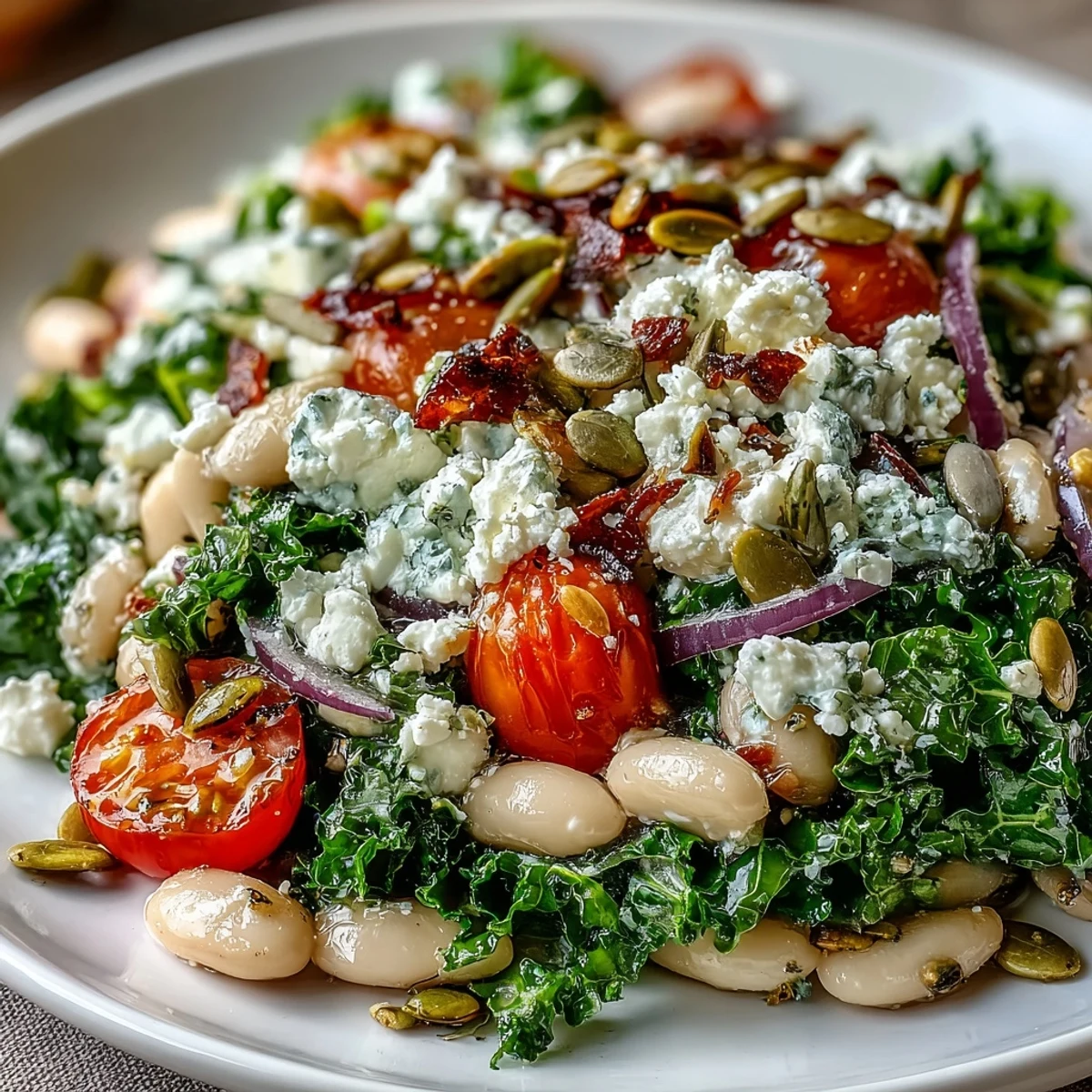 Colorful white bean and kale salad, perfectly massaged and ready to be enjoyed.