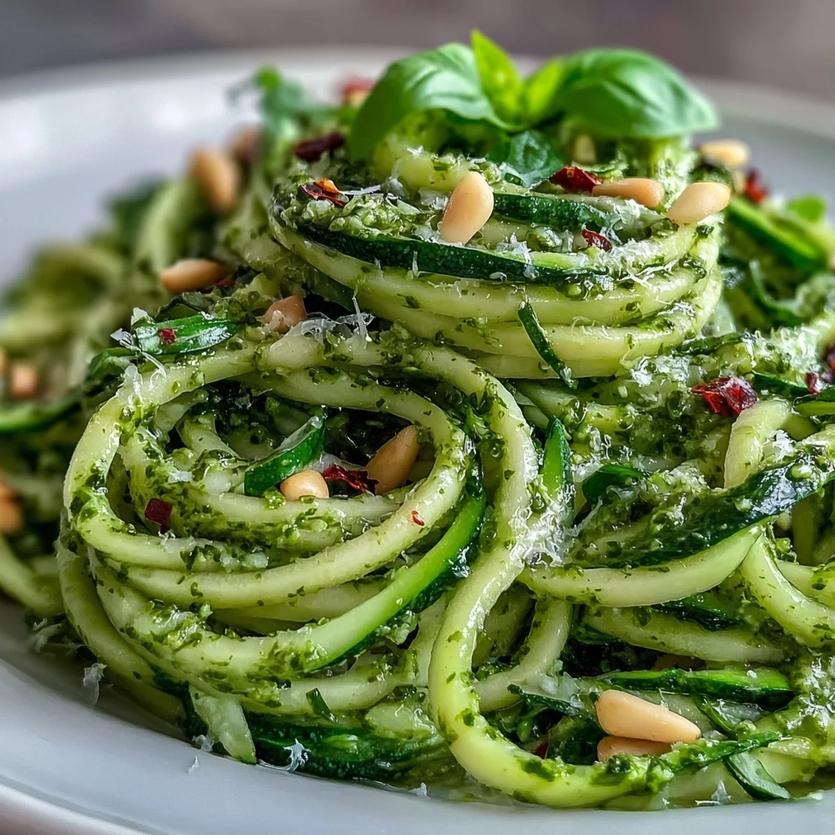 Freshly spiralized zucchini tossed in fragrant basil pesto, perfect for an easy weeknight meal.