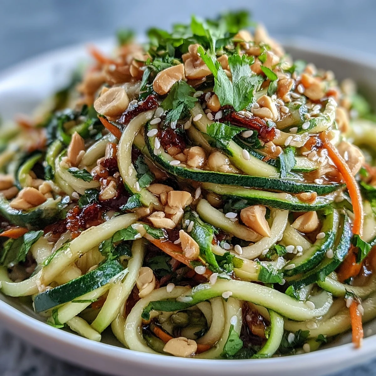 Vibrant raw vegetable noodle salad with colorful spiralized veggies in zesty dressing.