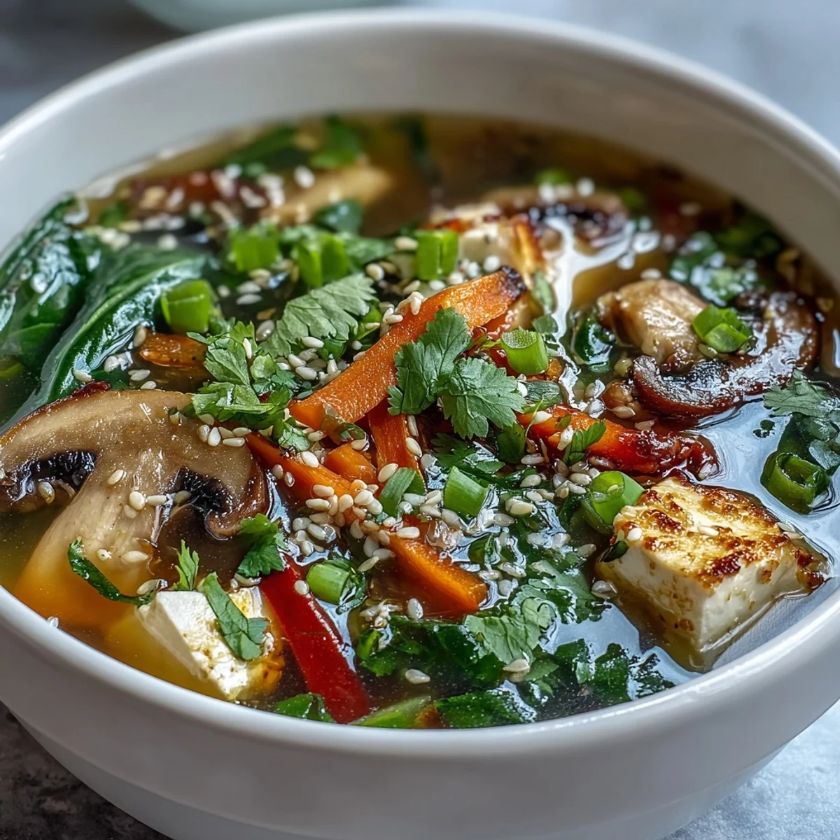 Cozy tofu and vegetable soup steaming in a bowl with fresh cilantro garnish.