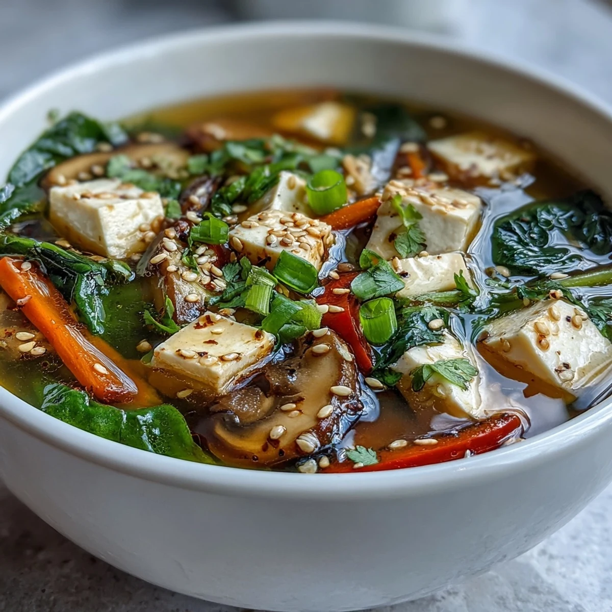 Warming Asian tofu and vegetable soup, perfect for a light, healthy lunch.