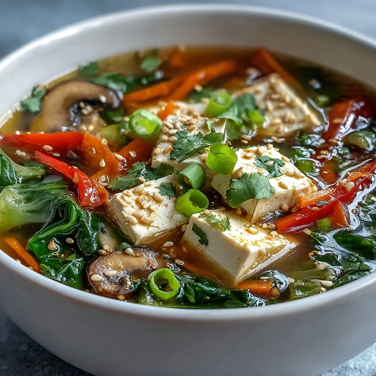 Delicate silken tofu swimming with colorful vegetables in this flavorful soup.