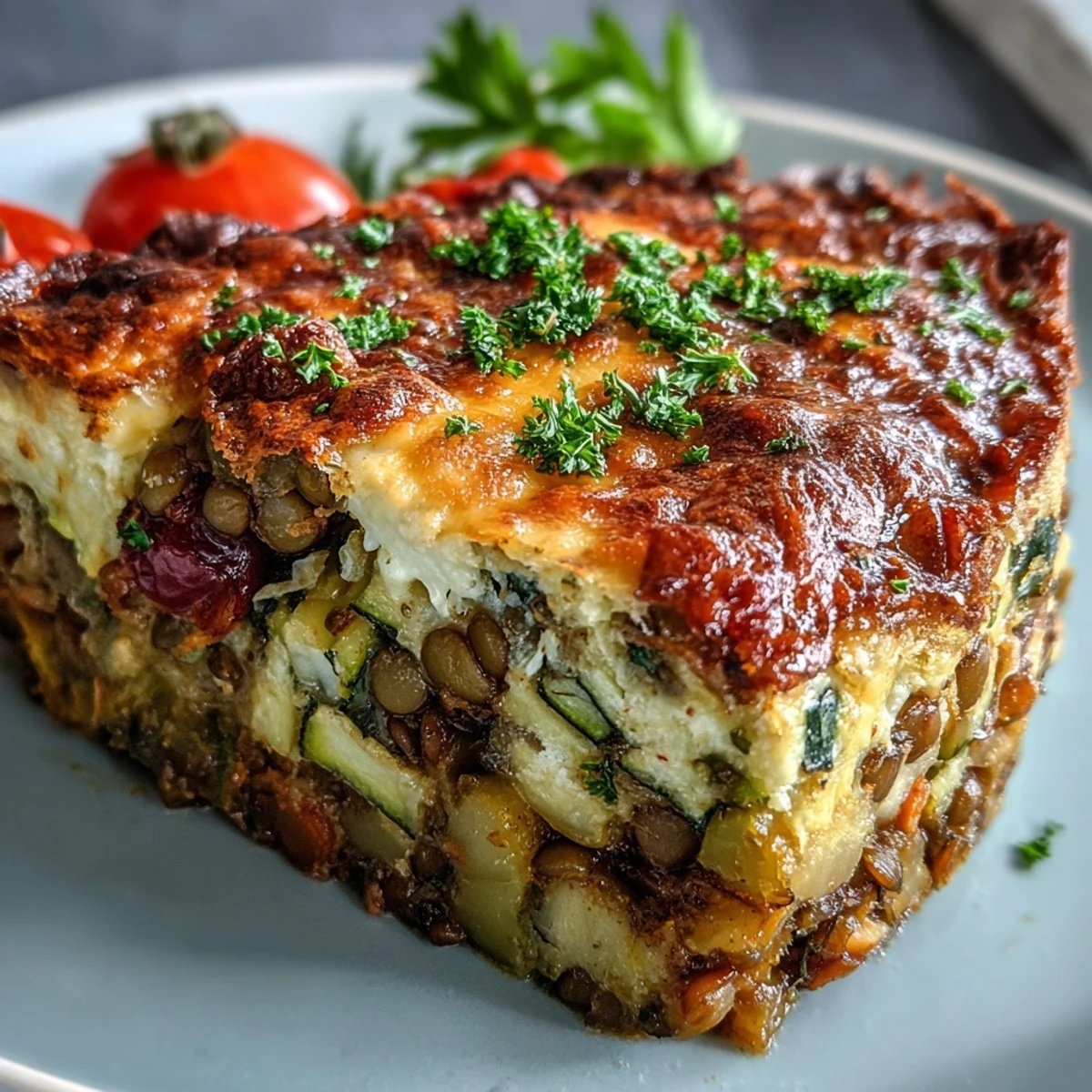 Hearty green lentil and vegetable casserole bubbling hot from oven.