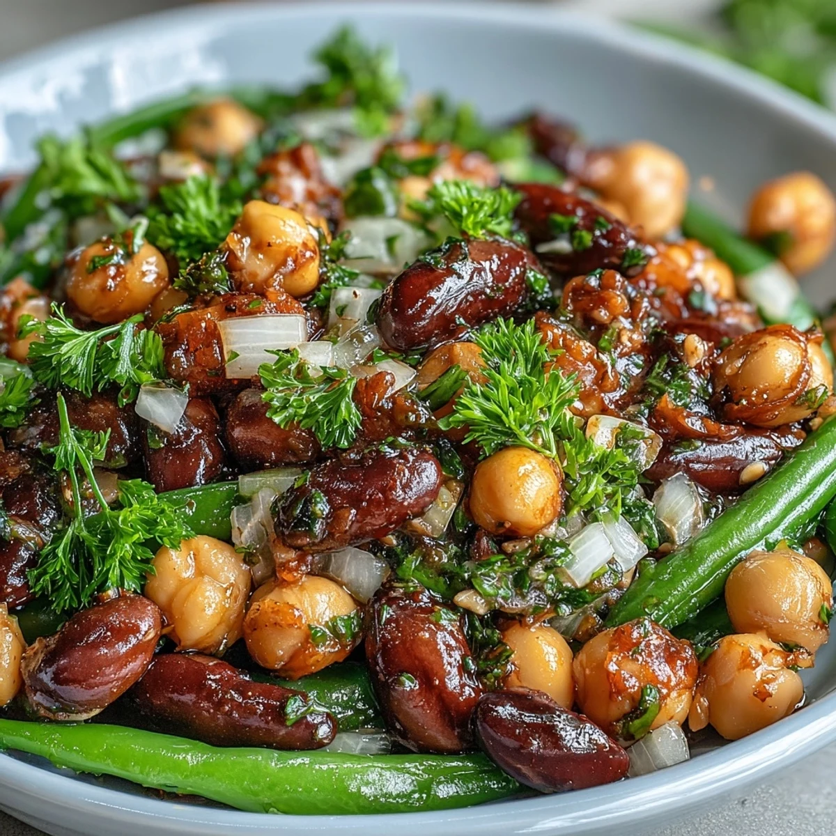 Vibrant Three-Bean Salad with tangy dressing is a refreshing picnic side dish.