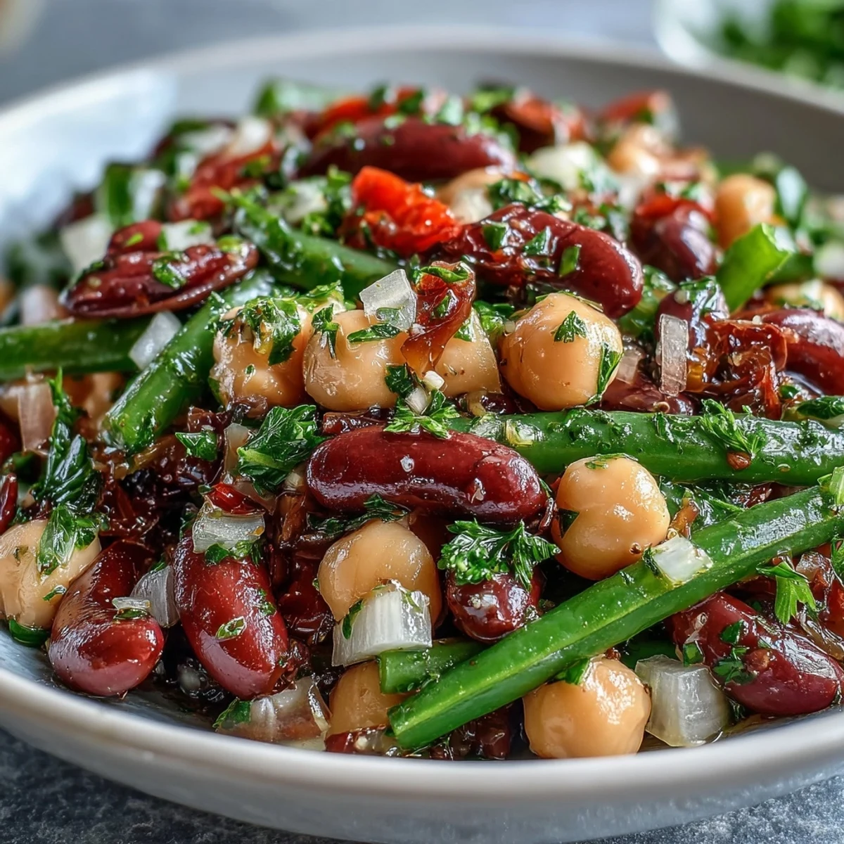 Close-up of a healthy Three-Bean Salad overflowing with fresh, crisp ingredients.