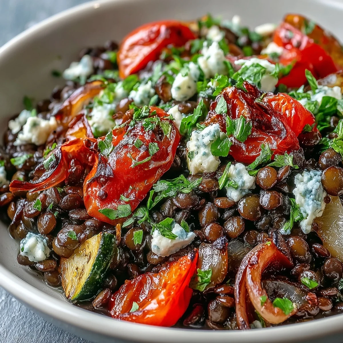 Vibrant black lentil salad with colorful roasted vegetables, drizzled with lemon dressing.