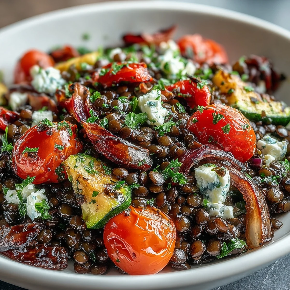 Nutritious black lentil salad, a wholesome meal featuring caramelized veggies, ready to serve.
