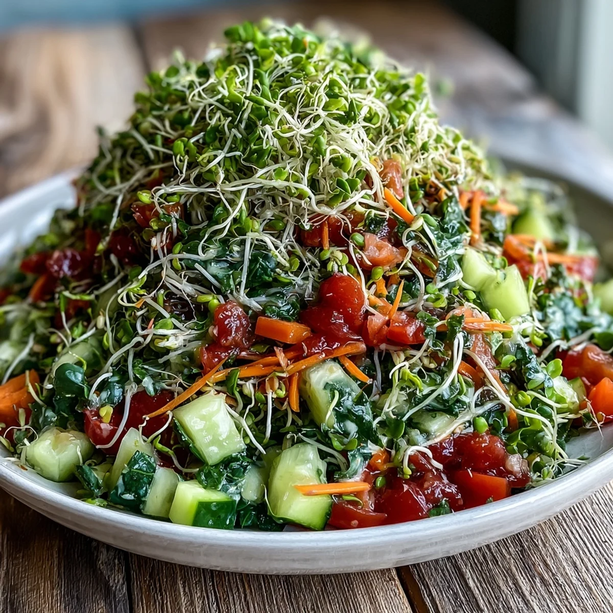 Vibrant Sprouted Seed Salad glistening with zesty dressing, a healthy starter.