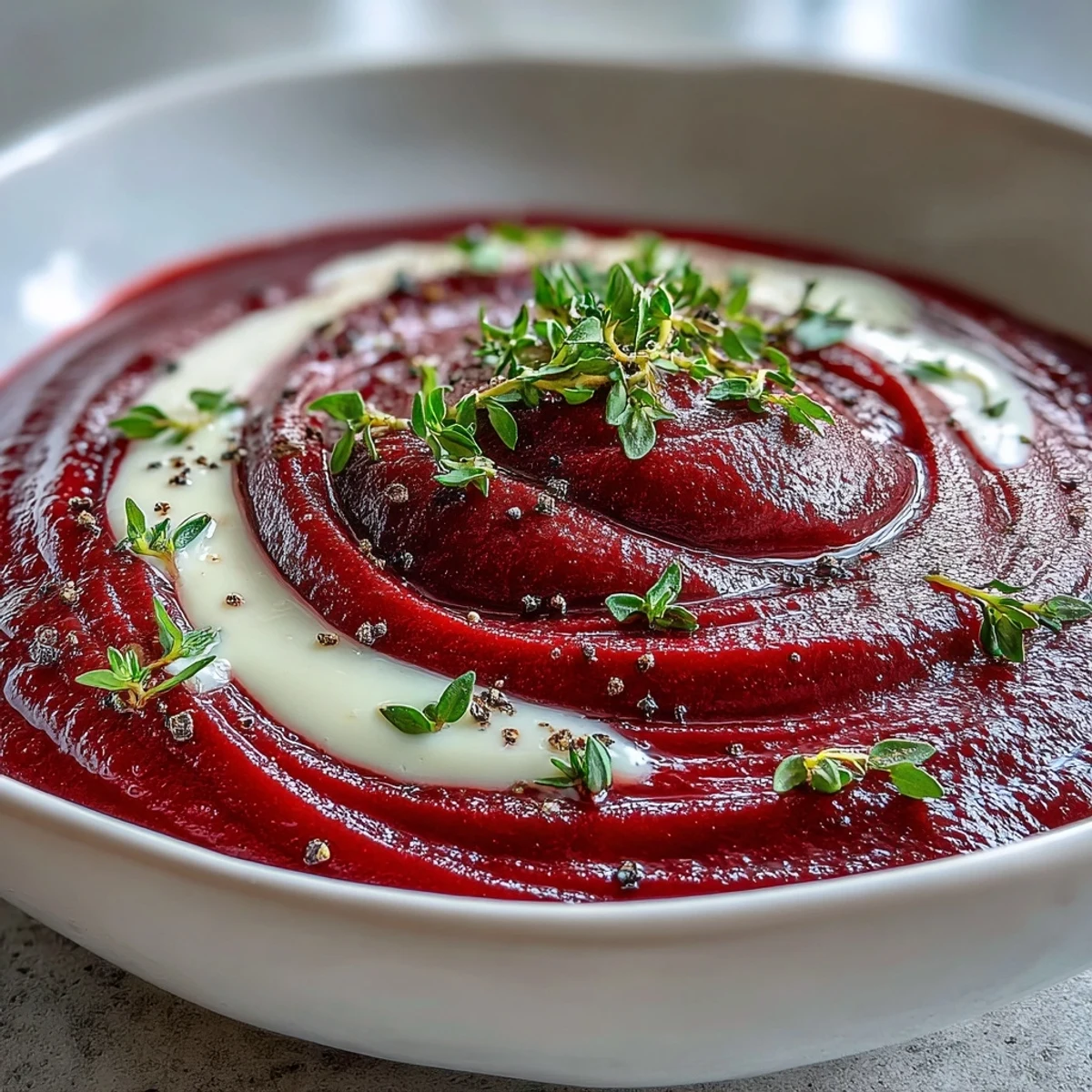 A bowl of creamy roasted beet soup garnished with fresh thyme and a swirl of heavy cream, perfect for a comforting vegetarian appetizer.  