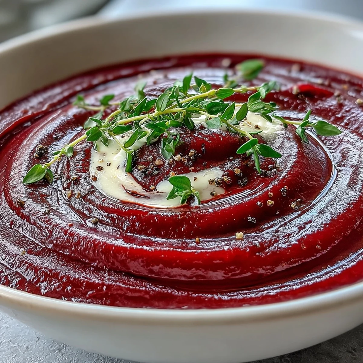 Vibrant red roasted beet soup with a velvety texture, served hot with crusty bread for dipping alongside a glass of white wine.  
