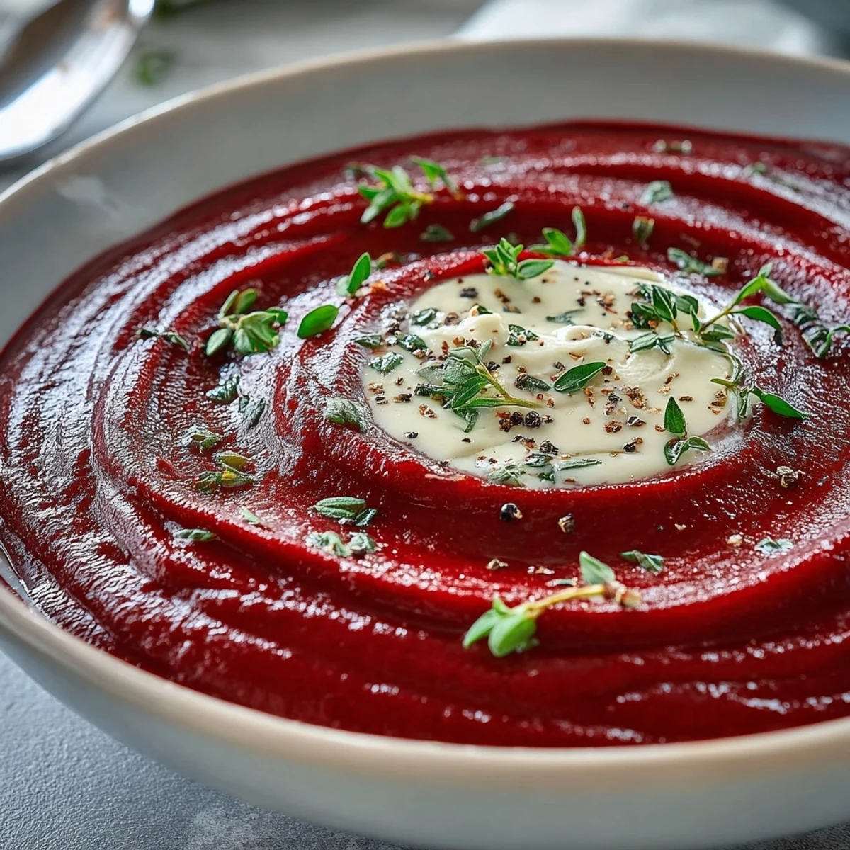 Roasted beet soup in a rustic bowl, blending tender roasted vegetables and creamy finish for a deliciously earthy and sweet flavor.