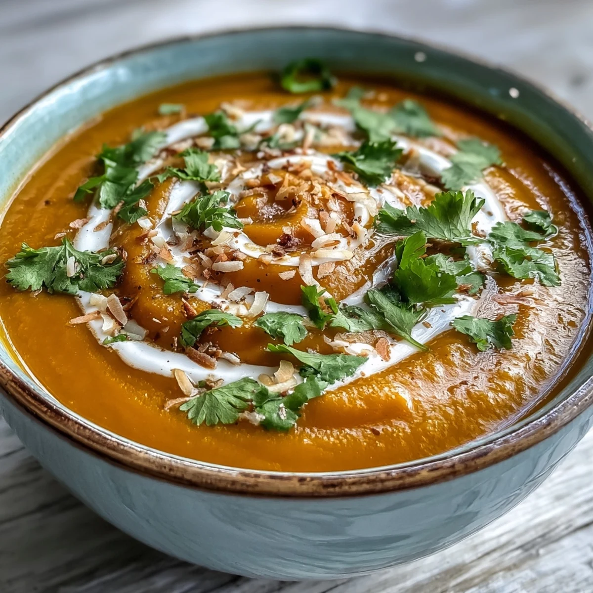 A close-up of creamy, bright orange carrot and coconut soup in a white bowl, garnished with toasted coconut flakes and cilantro.