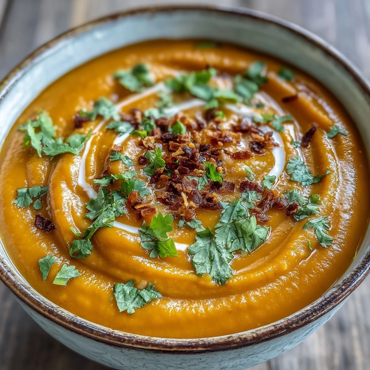 Warm carrot and coconut soup steaming gently, with a swirl of coconut milk and fresh cilantro on top.