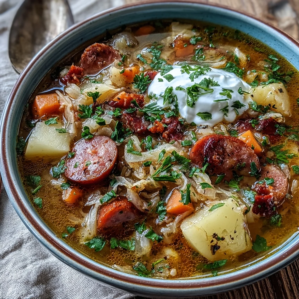 Steaming bowl of Sauerkraut Soup served with a dollop of sour cream and fresh parsley garnish.
