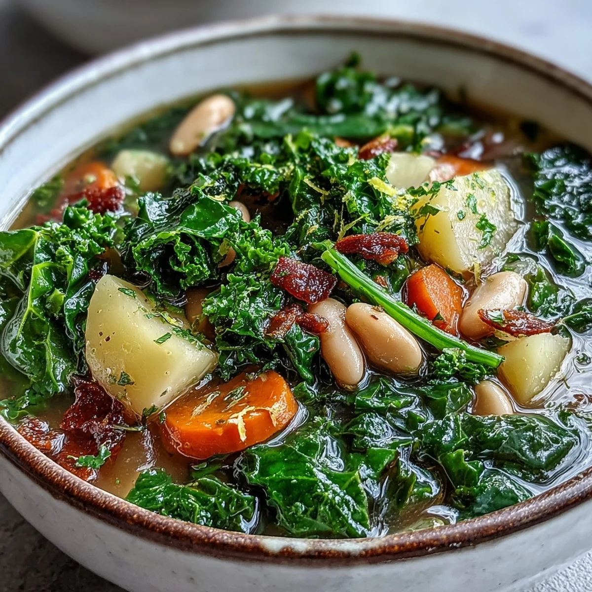 Hearty vegetarian Kale Soup served in a rustic ceramic bowl, garnished with a lemon wedge and a sprinkle of black pepper.