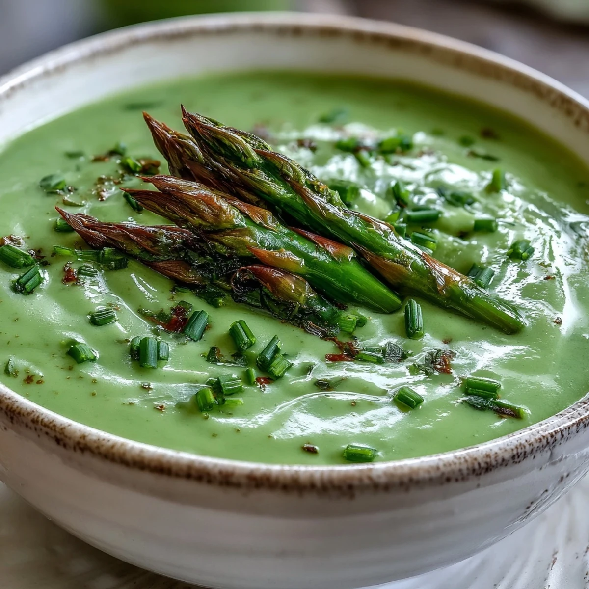 A bowl of creamy asparagus soup garnished with fresh chives and tender asparagus tips, served warm and ready to enjoy.