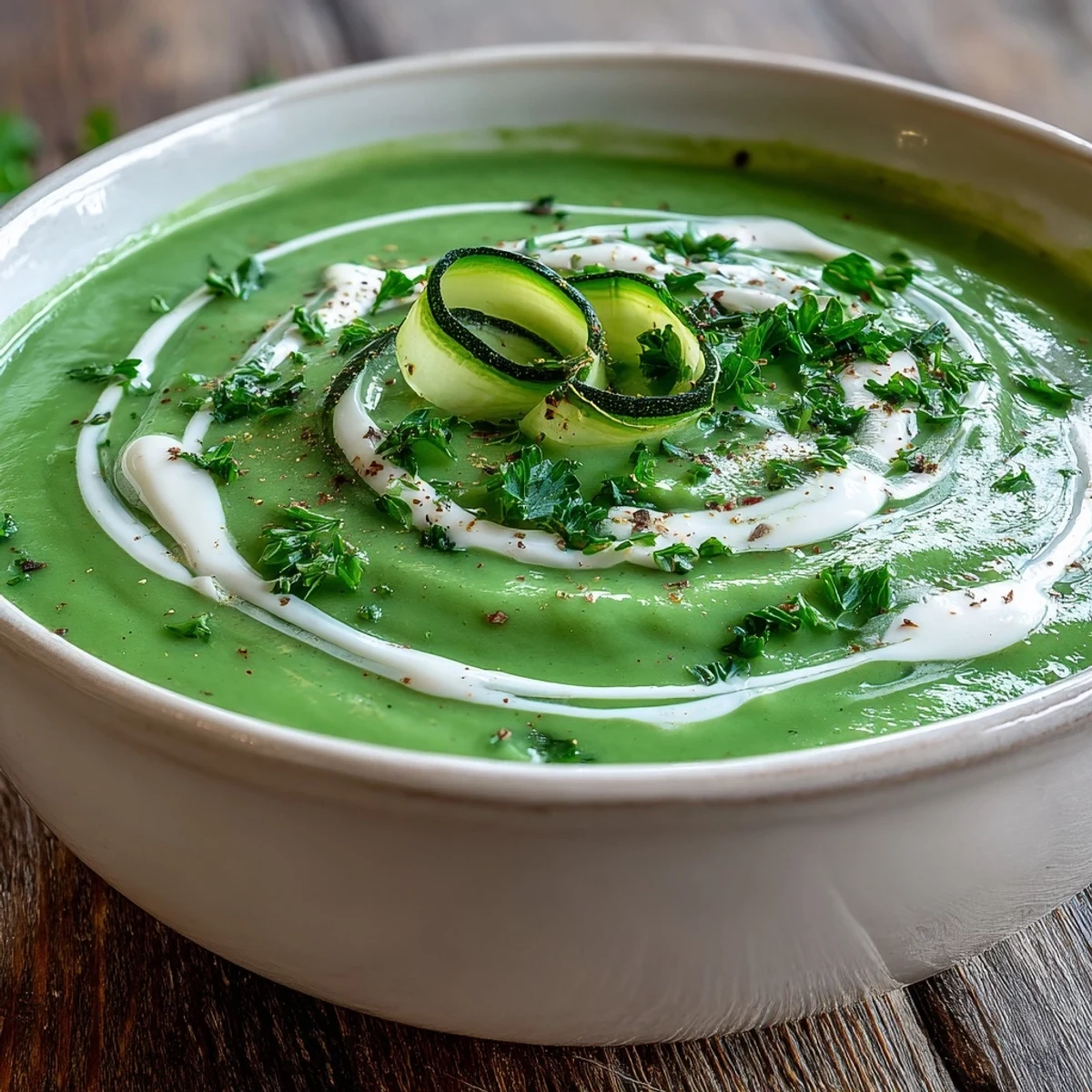 A vibrant green bowl of zucchini soup garnished with fresh basil and a swirl of cream, perfect for summer meals.  