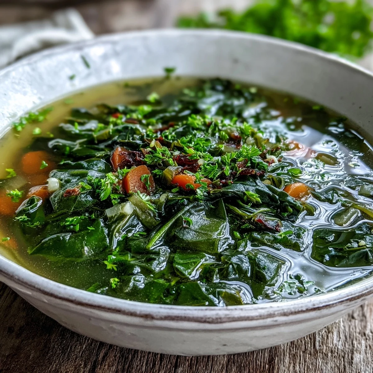 Bright green Swiss chard soup simmered with carrots, celery, and garlic in a light vegetable broth, ready to serve hot with fresh parsley.  