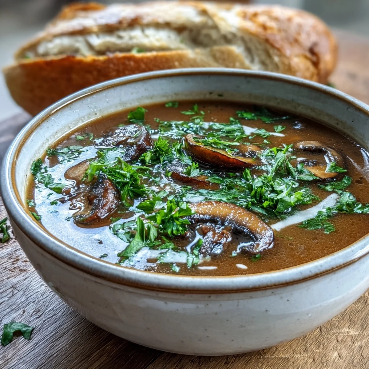 A steaming bowl of Mushroom Soup garnished with fresh parsley, served with crusty bread for dipping.