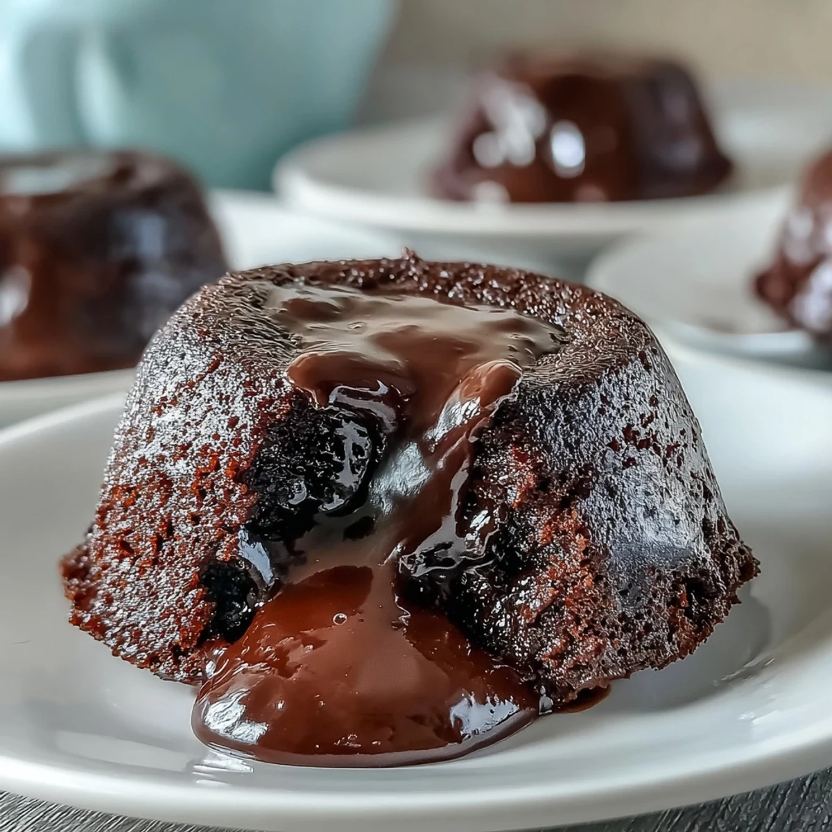 Freshly baked Chocolate Lava Cakes with espresso, just inverted onto a white plate, oozing warm, molten chocolate from the center.