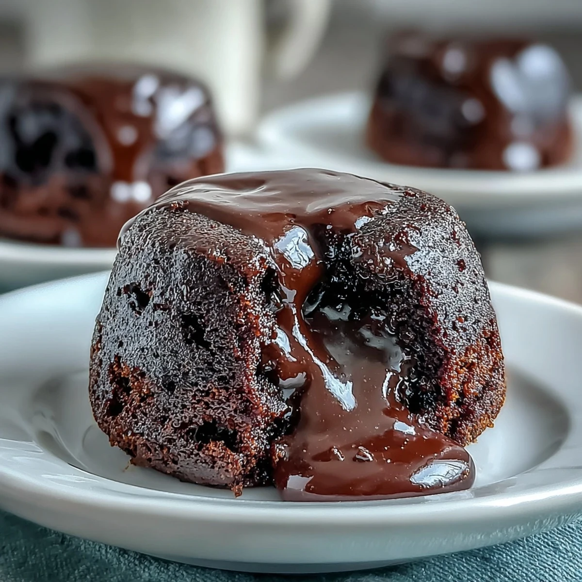Decadent individual Chocolate Lava Cakes with espresso dusting, served on a rustic wooden table for an indulgent dessert presentation.