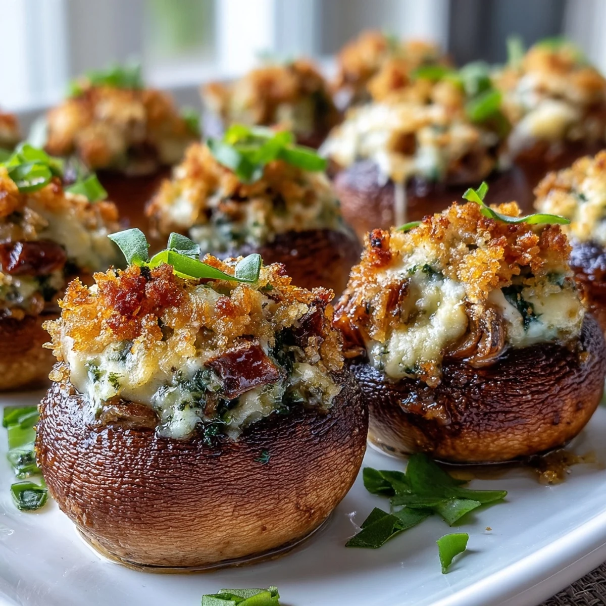 Golden-brown Stuffed Asiago-Basil Mushrooms are fresh cremini caps filled with creamy, melted cheese and herbs.
