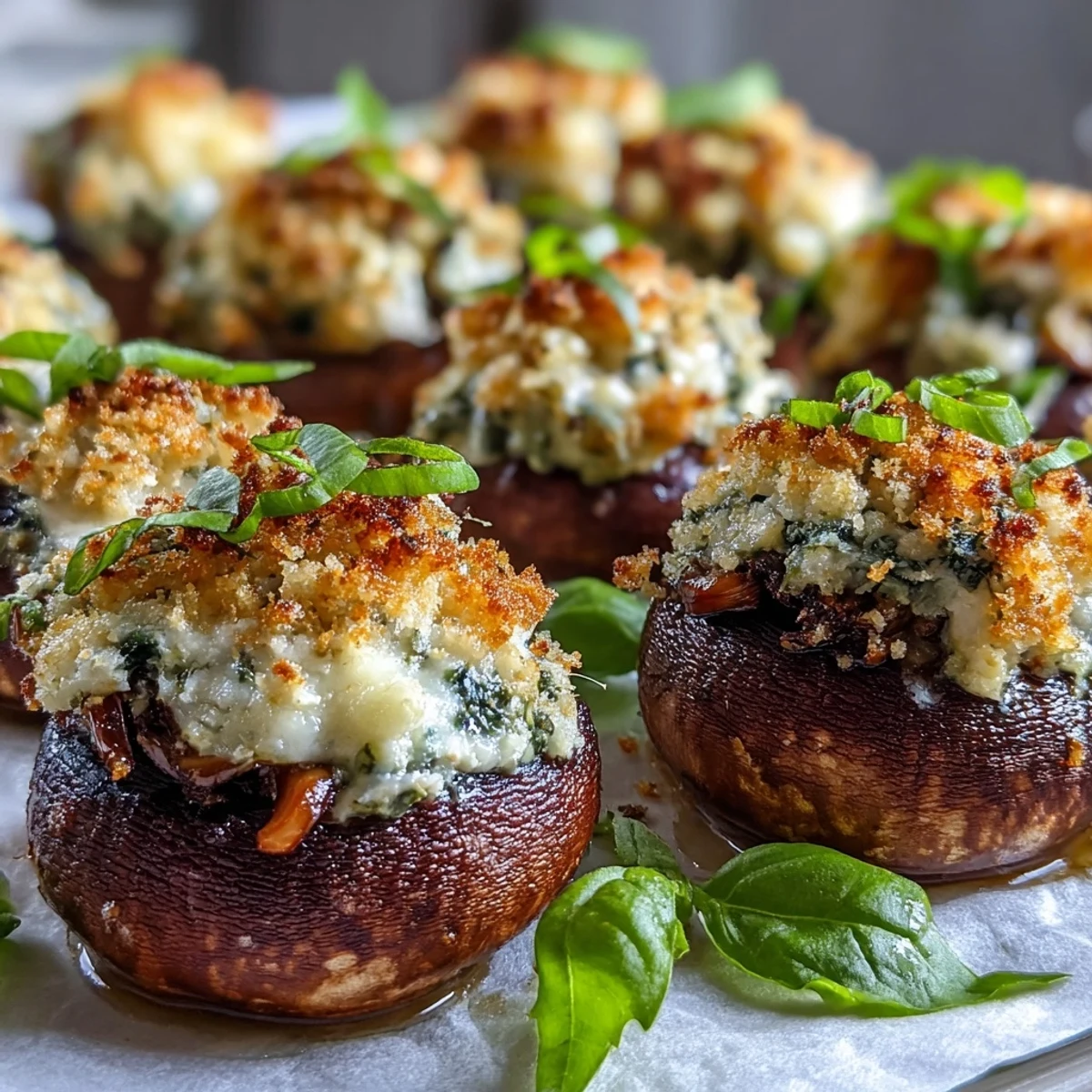 Close-up of Stuffed Asiago-Basil Mushrooms with bubbly Asiago and crispy breadcrumbs on a baking sheet.