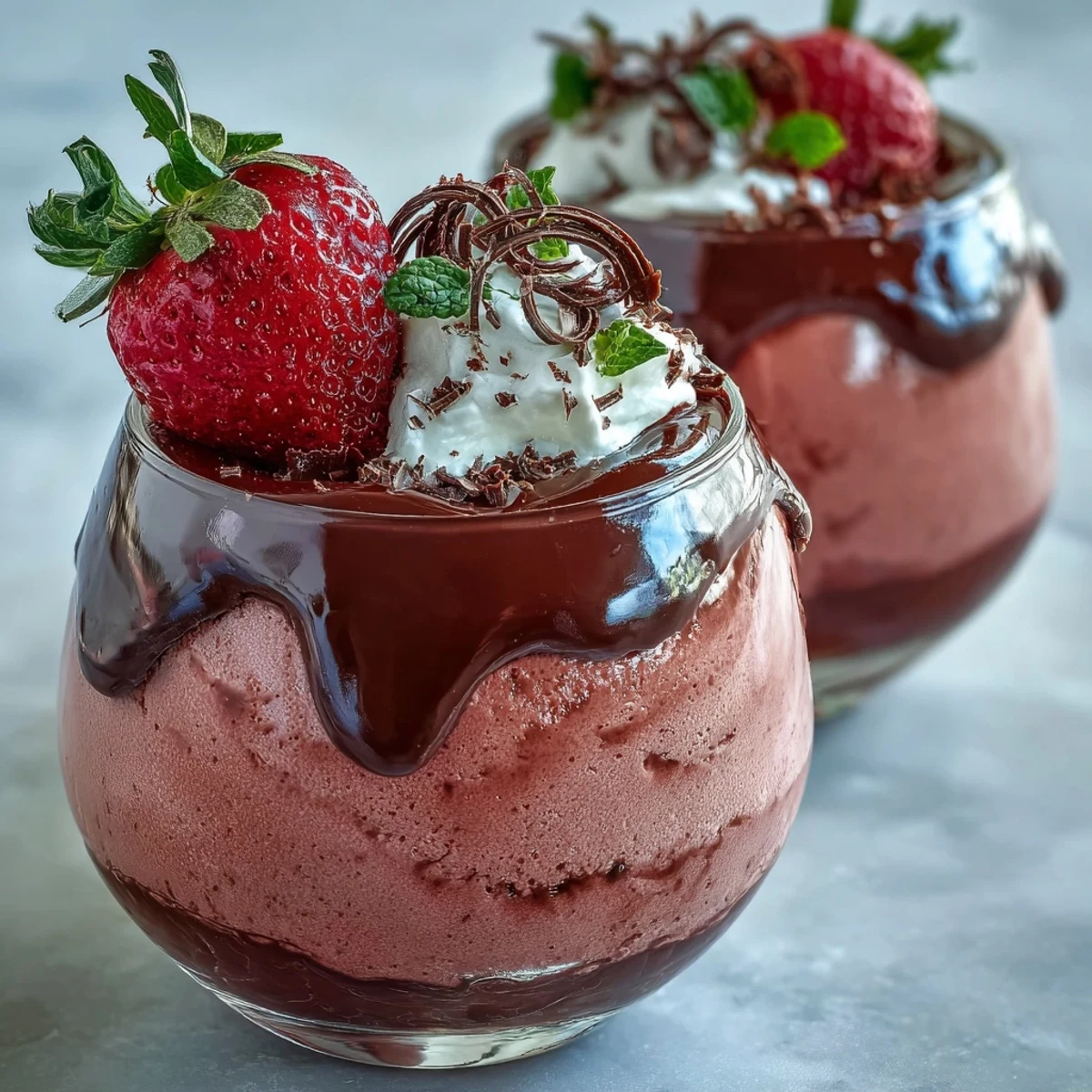 Close-up view of the airy Chocolate-Covered Strawberry Mousse revealing the rich ganache layer and bright fruit topping, shot on a rustic wooden table.