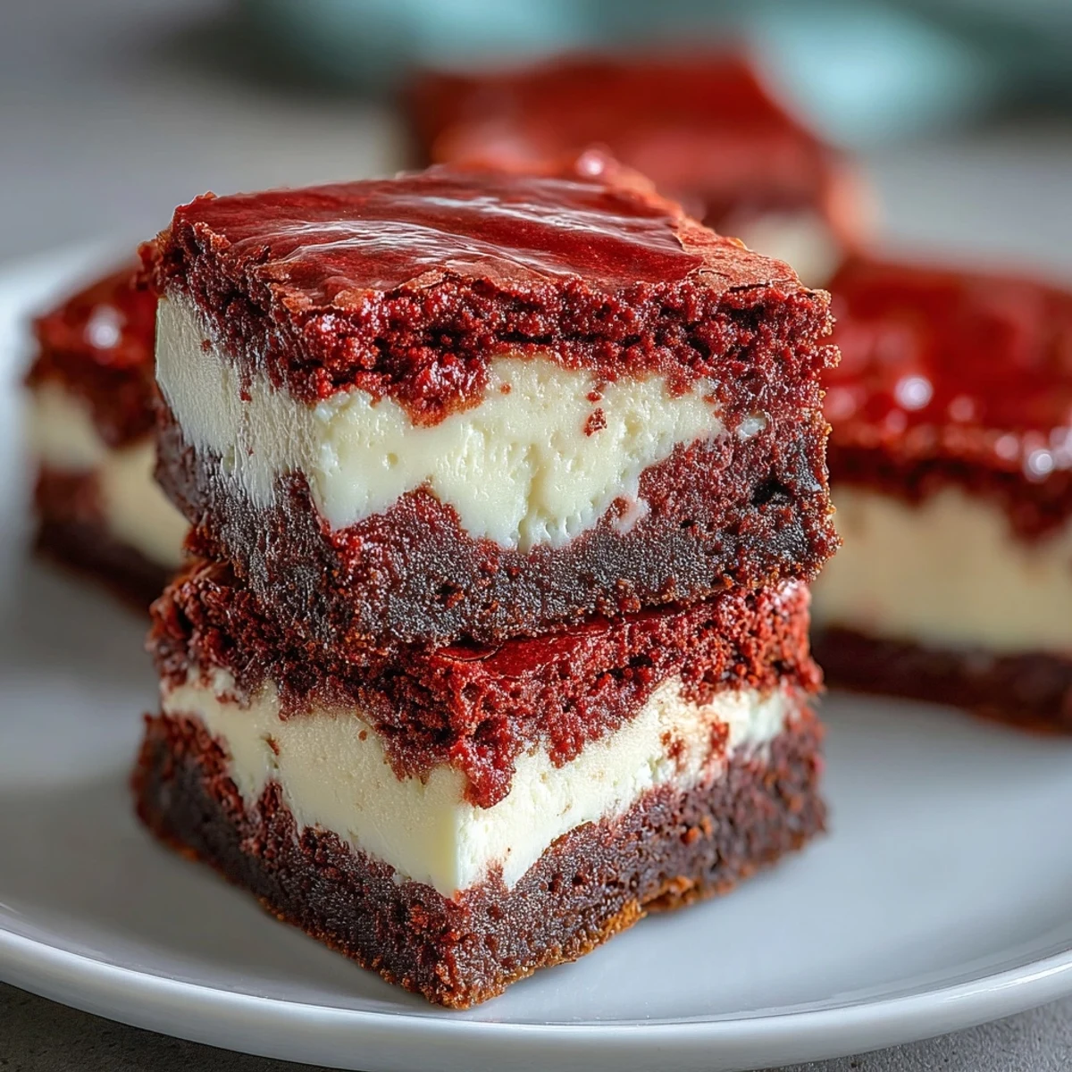 Freshly baked Red Velvet Cheesecake Brownies with vibrant red swirls and creamy cheesecake layers on a marble board.
