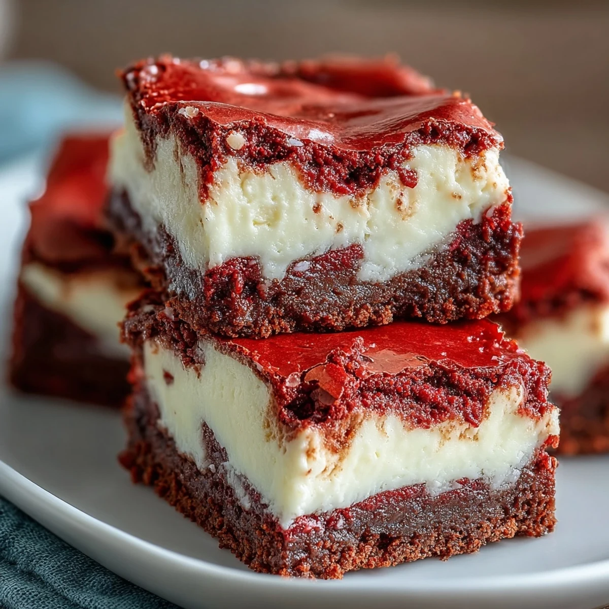 Homemade Red Velvet Cheesecake Brownies served on a rustic plate with a glass of cold milk for dipping.