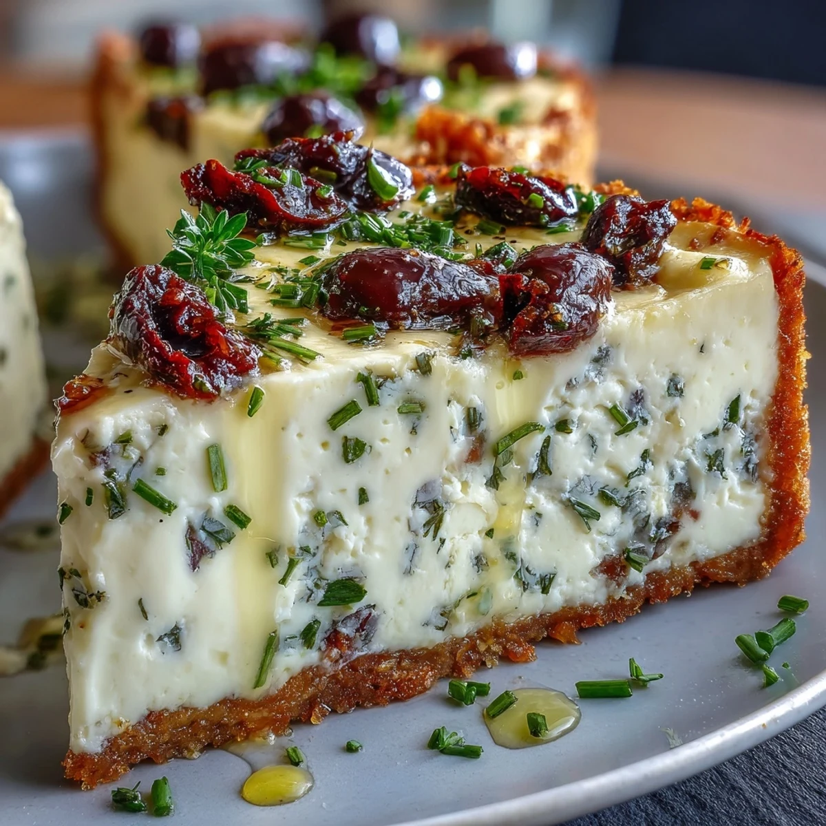 Savory Kalamata Cheesecake Appetizer garnished with sliced olives and parsley on a rustic wooden serving board.