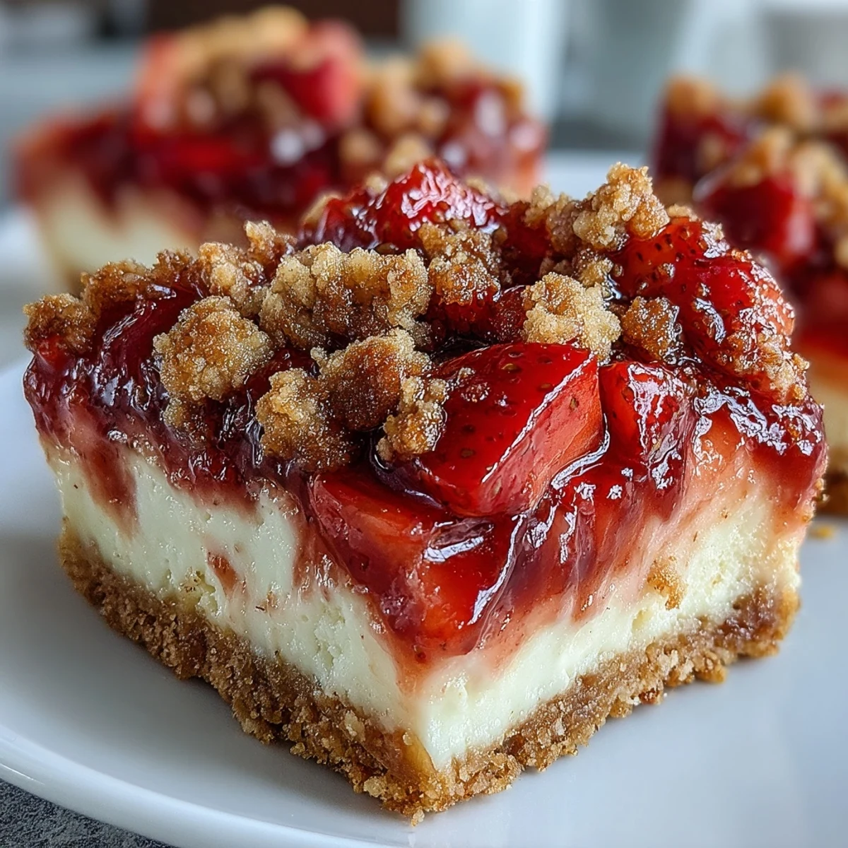 Freshly baked Strawberry Cheesecake Bars with a golden cinnamon streusel topping and a creamy layer, cooling on a wire rack.