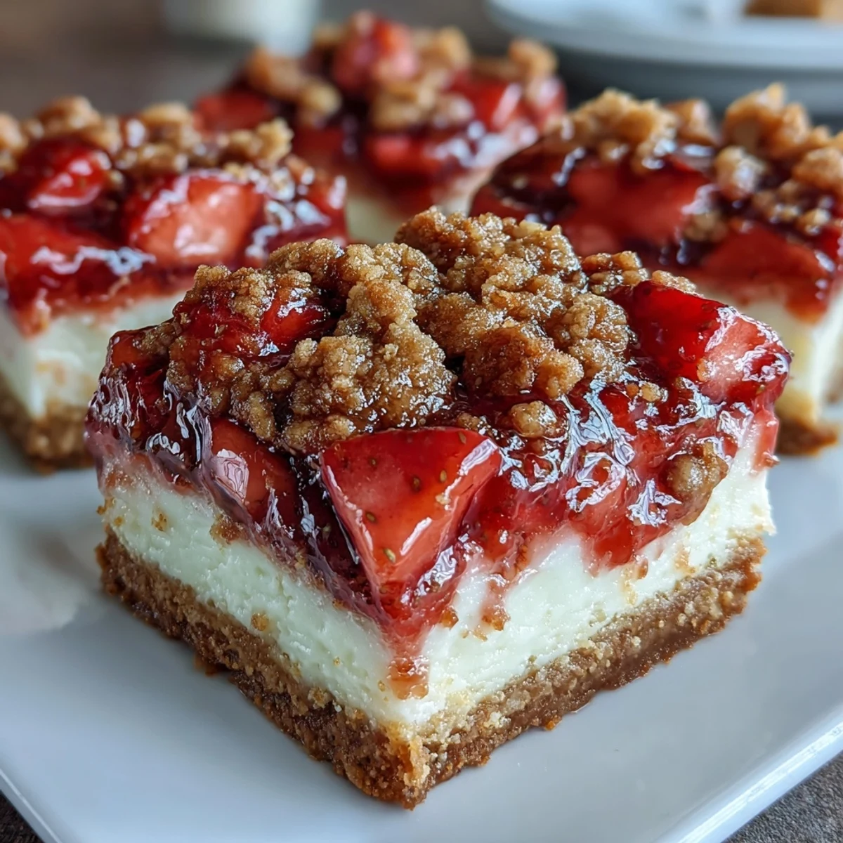 A close-up view of Strawberry Cheesecake Bars, revealing the smooth cheesecake and diced strawberries nestled in a crumbly crust.