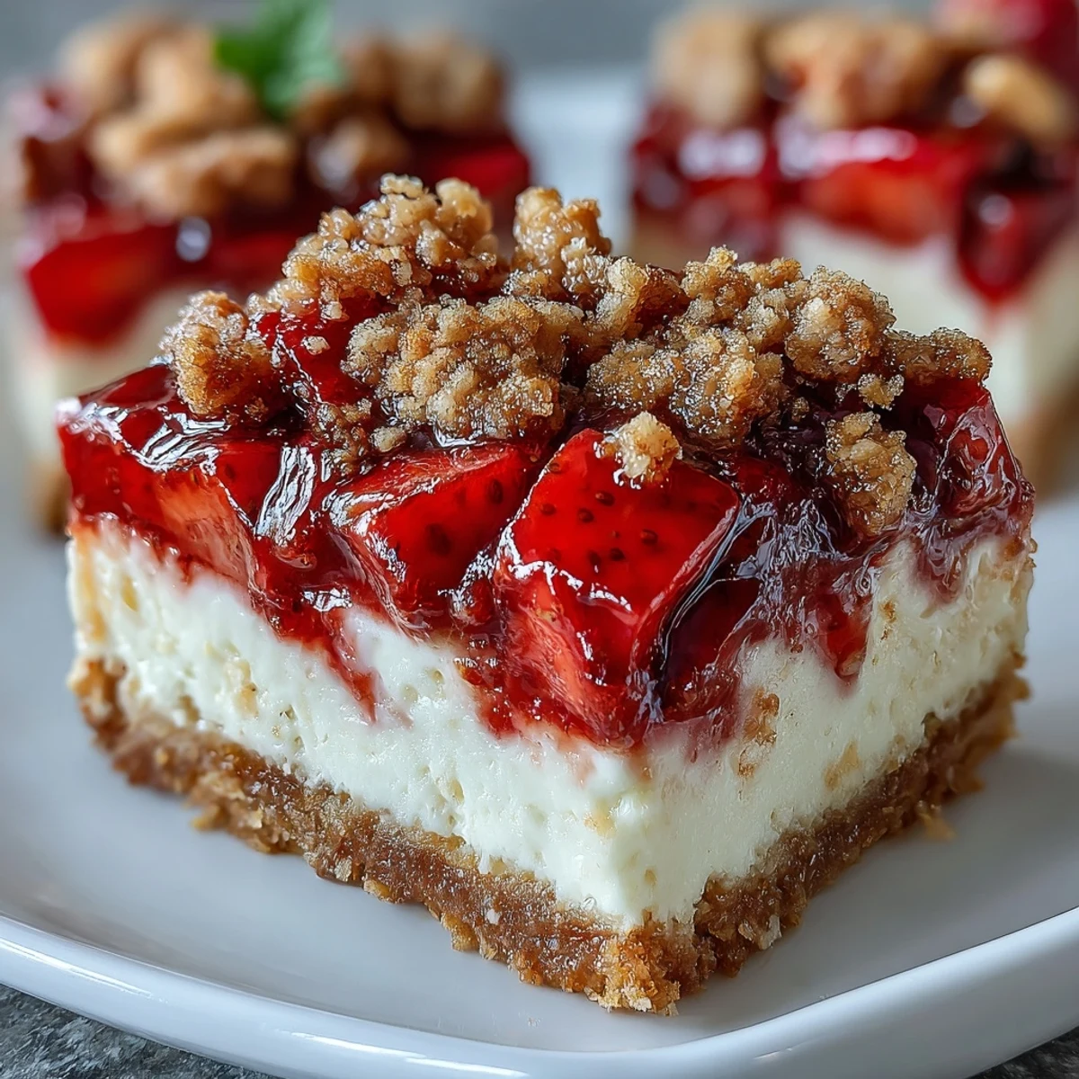 Strawberry Cheesecake Bars arranged on a white plate with a glass of milk, ready to be served for dessert.