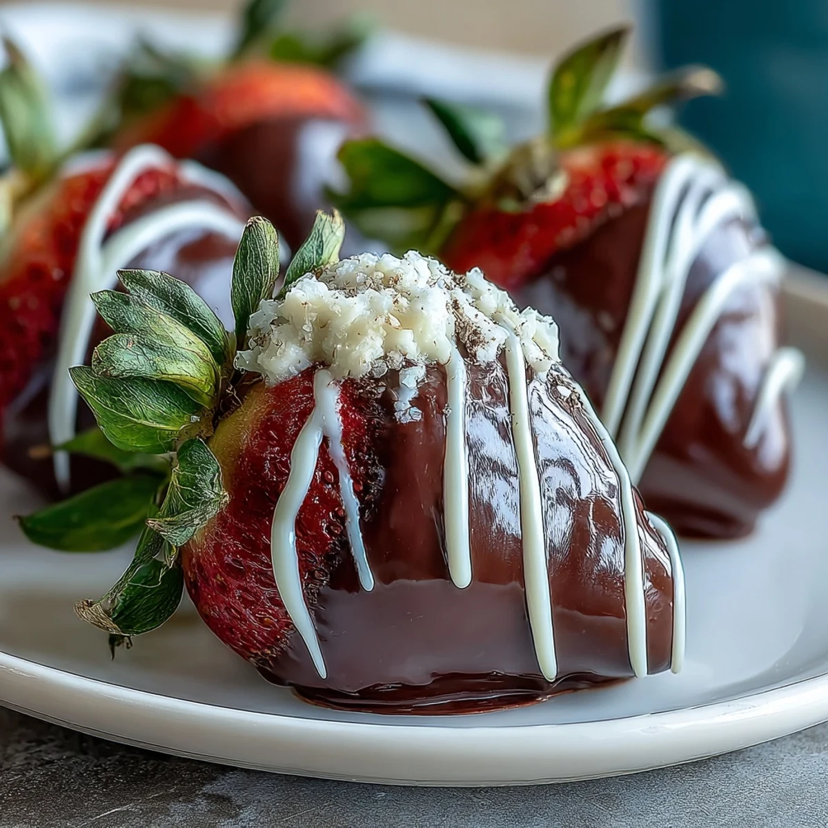 Semi-sweet chocolate covered strawberries with a crunchy nut topping on a parchment-lined tray.