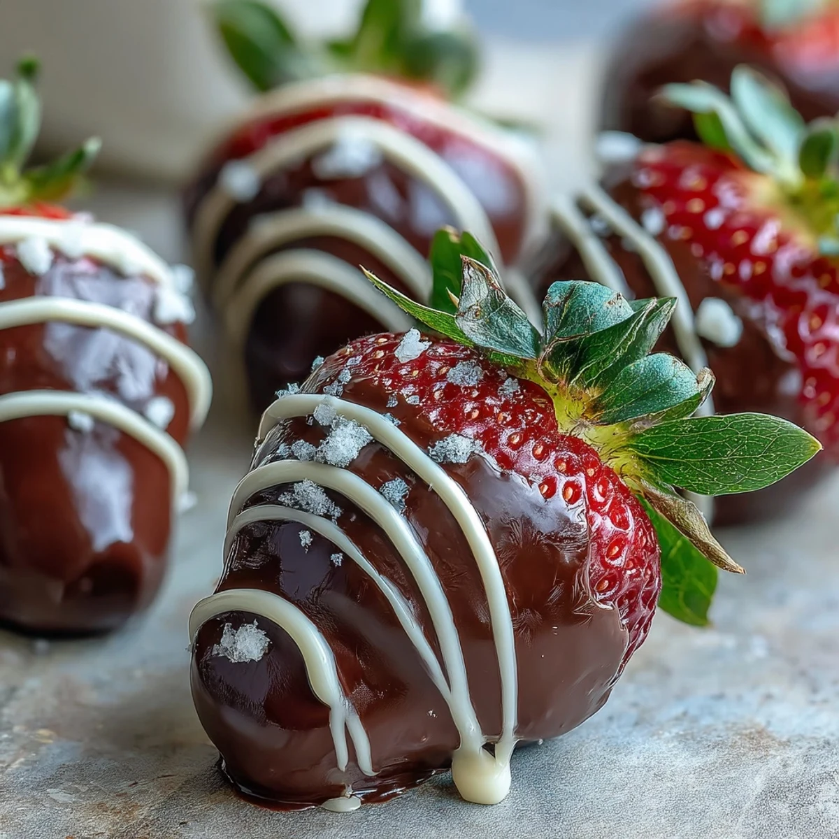 Glossy chocolate-dipped strawberries with fresh green tops, perfect for a romantic dessert platter.