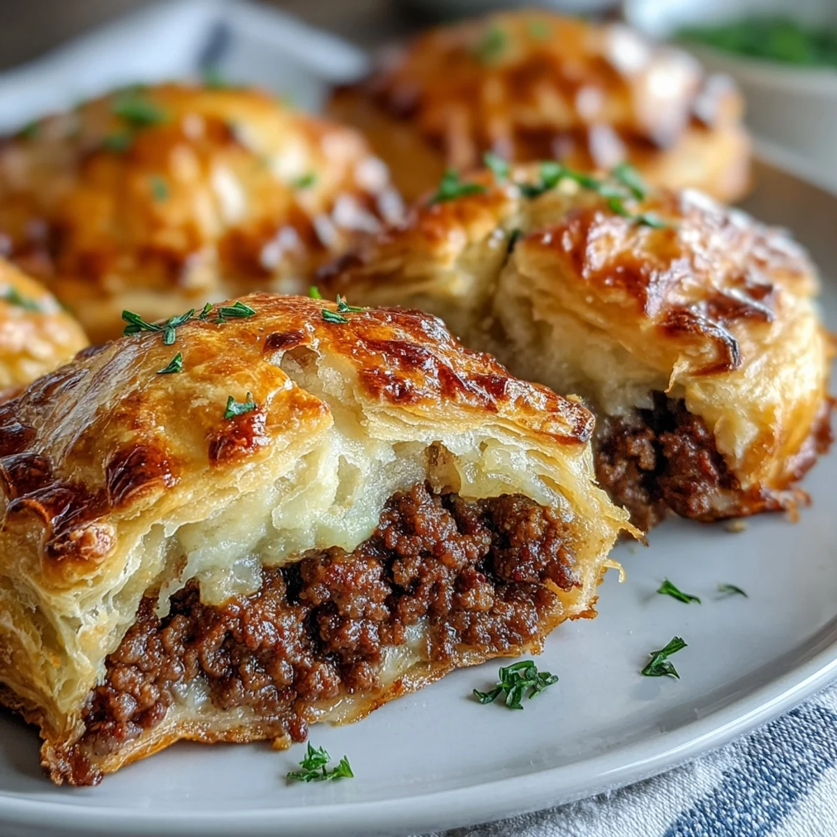 Golden-brown Mini Beef Tourtières brushed with egg wash, served on a rustic wooden board with cranberry chutney.