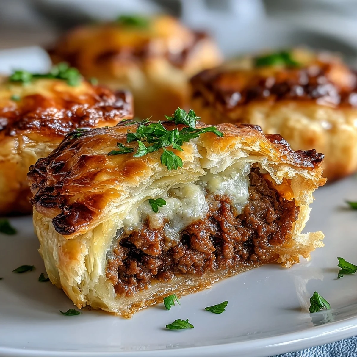 Delicate Mini Beef Tourtières cooling on a wire rack, showcasing the flaky cream cheese pastry and savory beef interior.
