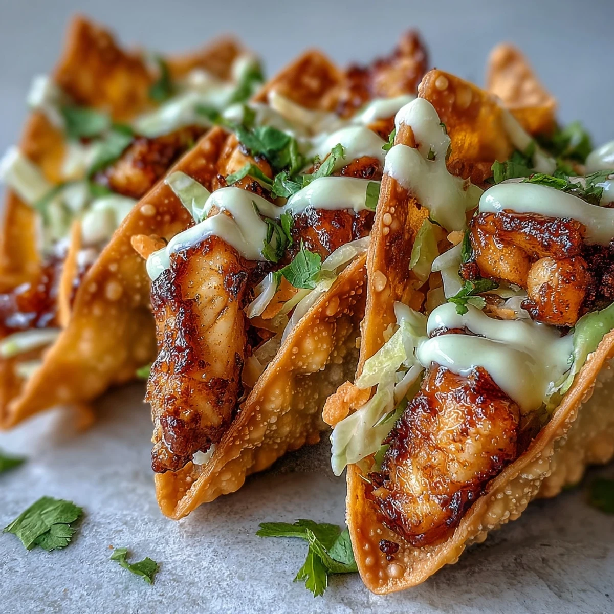 Golden-brown Crispy Chicken Wonton Tacos filled with spiced chicken and fresh slaw.