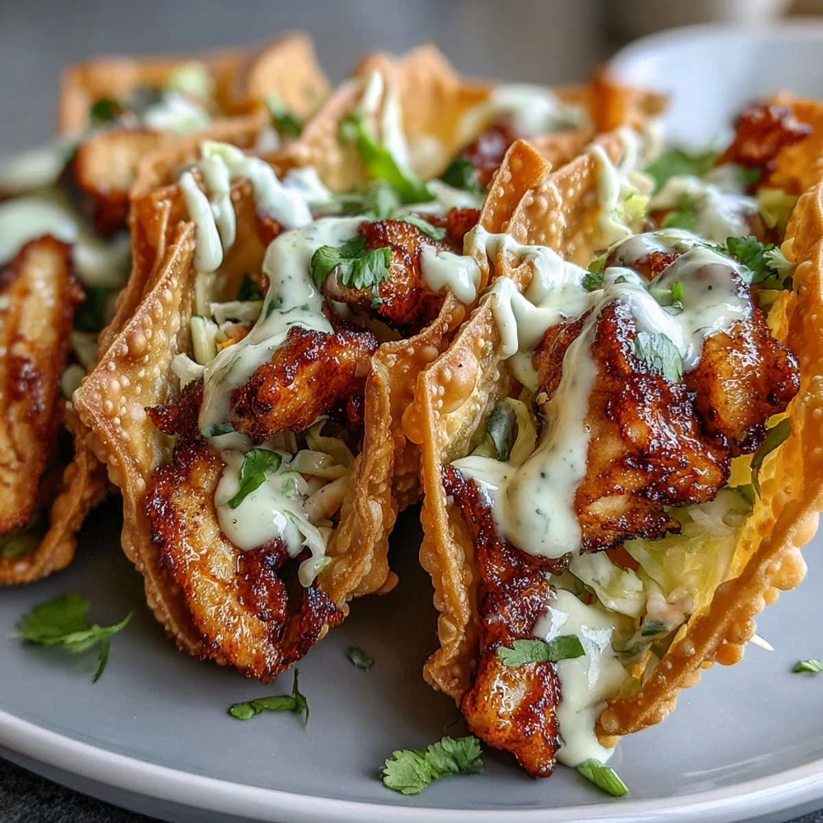 Assembled Crispy Chicken Wonton Tacos served with lime wedges on a rustic platter.