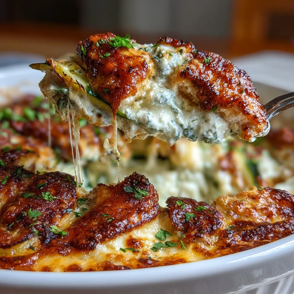 A spoon serves a portion of High Protein Chicken Zucchini Bake revealing creamy Greek yogurt and tender chicken layers.