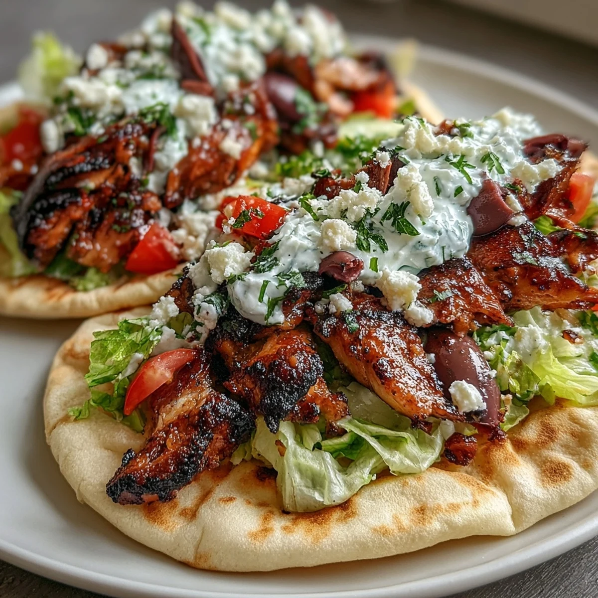 Freshly grilled Mediterranean Chicken Gyros topped with creamy feta tzatziki, crisp lettuce, and ripe tomatoes on a warm pita.