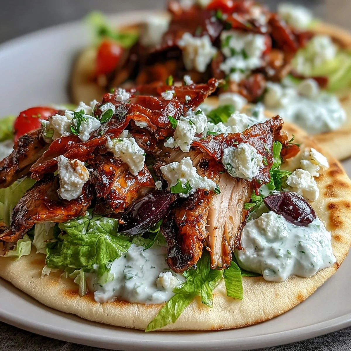 Golden toasted pita holding Mediterranean Chicken Gyros layered with tangy feta tzatziki, red onions, Kalamata olives, and fresh herbs.