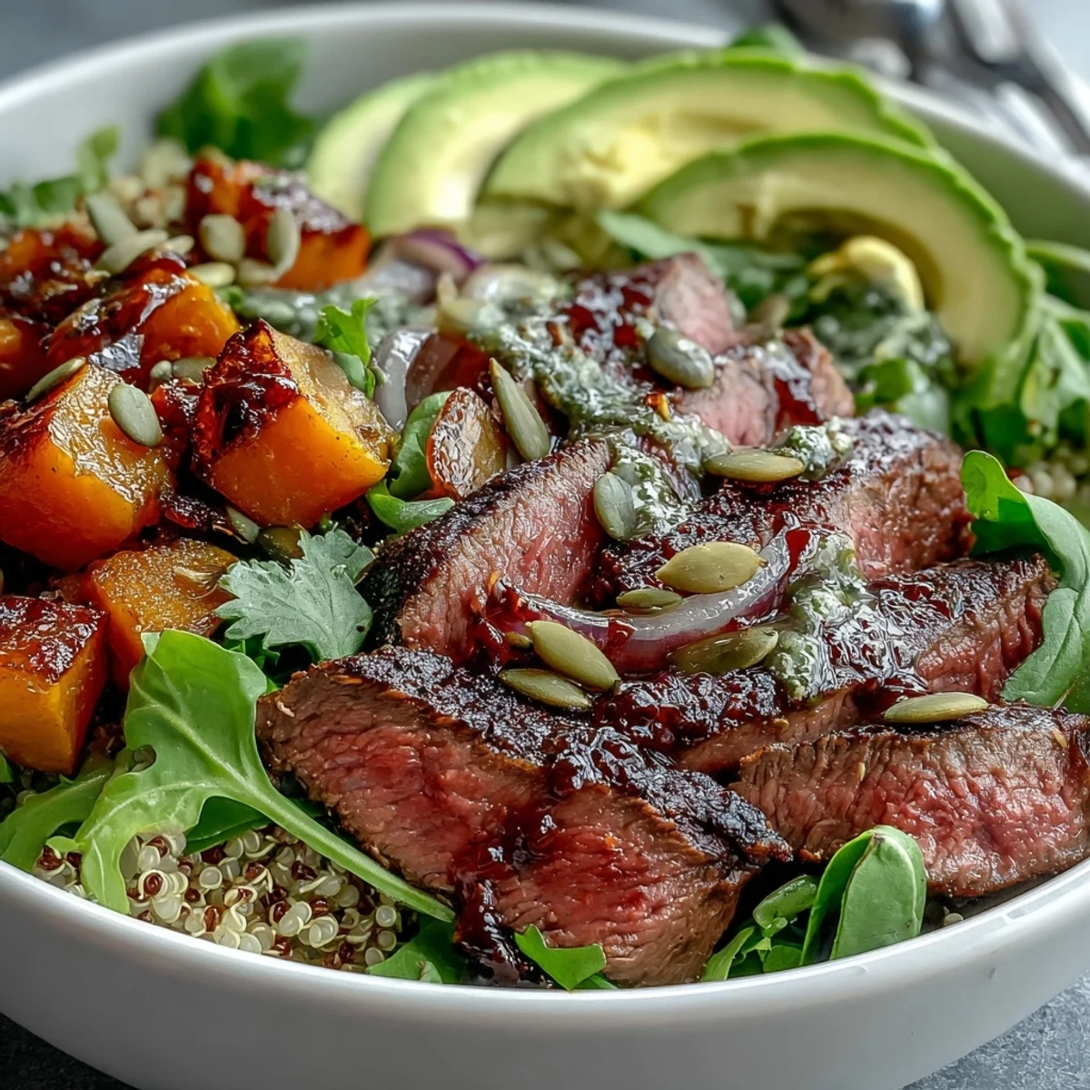 A close-up shows tender butternut squash steak bowls drizzled with lime-cilantro dressing, garnished with fresh cilantro and seeds.