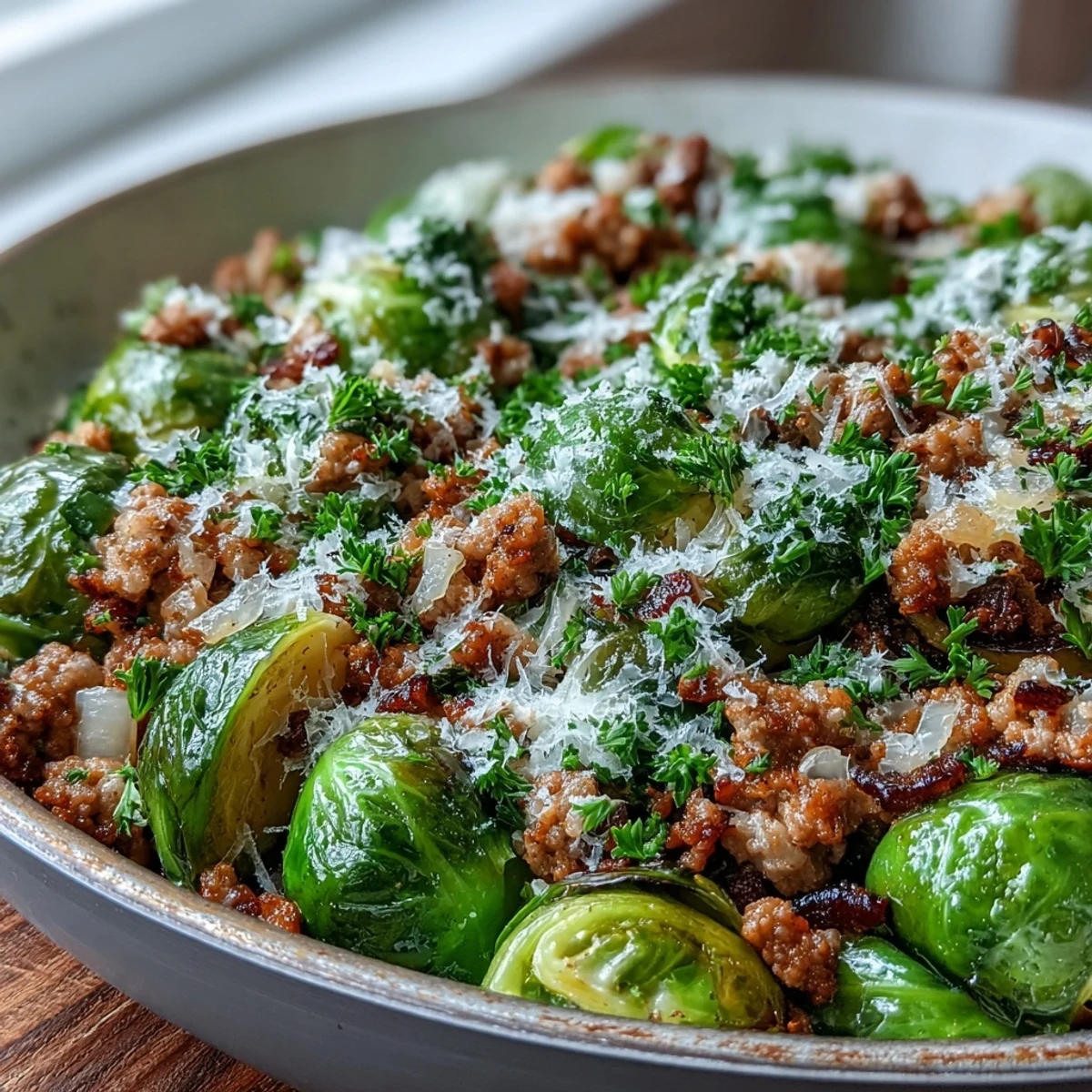 Tender Brussels sprouts and seasoned ground turkey mingle with bright lemon juice and a sprinkle of Parmesan cheese in this finished skillet dish. Served garnished with fresh parsley, it's a wholesome and flavorful American-style meal.