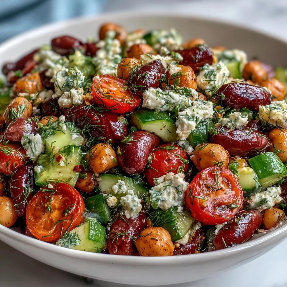 Bright and zesty Greek Bean Salad with lemon-oregano marinated beans, topped with crumbled feta, ripe cherry tomatoes, and chopped parsley for a refreshing lunch.