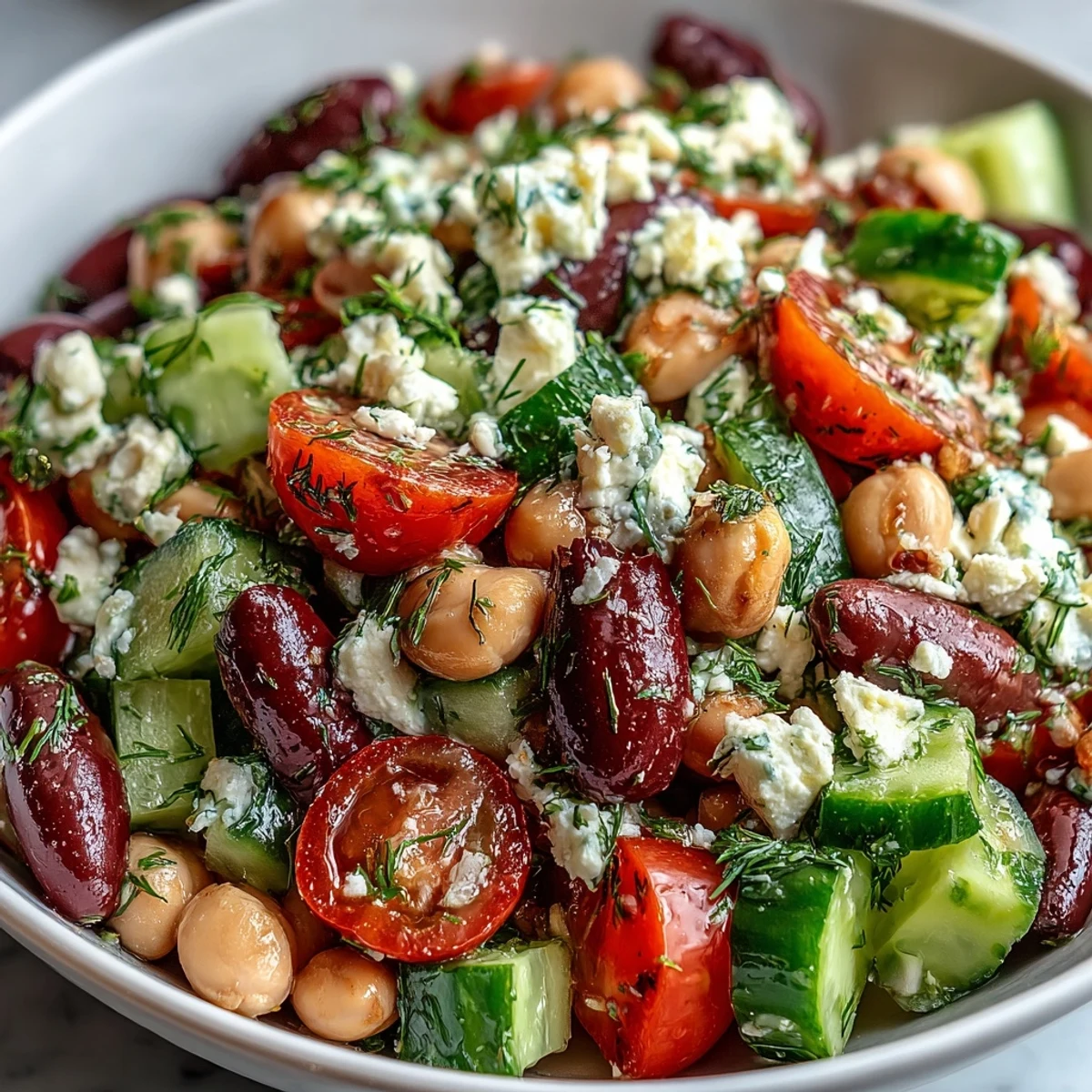 A large bowl of chilled Greek Bean Salad, featuring crisp cucumbers, Kalamata olives, and creamy feta, tossed in a vibrant lemon-oregano dressing for easy entertaining.