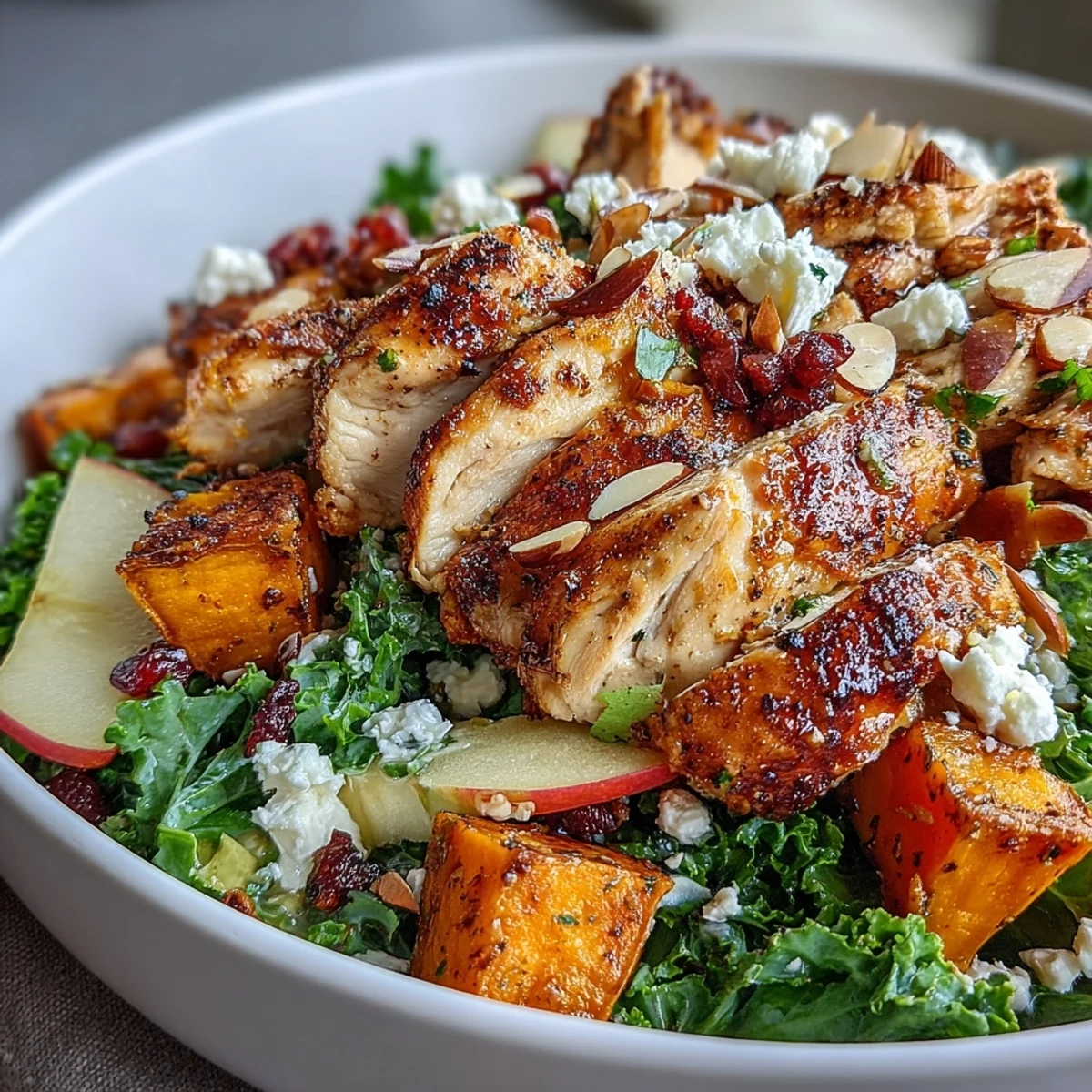 Fall Sweet Potato Harvest Bowl with roasted chicken, golden sweet potatoes, crisp apple slices, and creamy goat cheese for a cozy autumn meal.