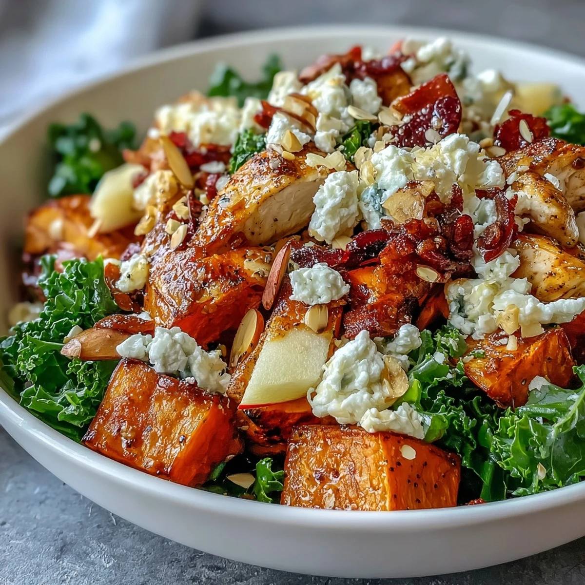 Roasted chicken and caramelized sweet potatoes top a bed of kale, with crunchy almonds and tangy balsamic vinaigrette in this Fall Sweet Potato Harvest Bowl.
