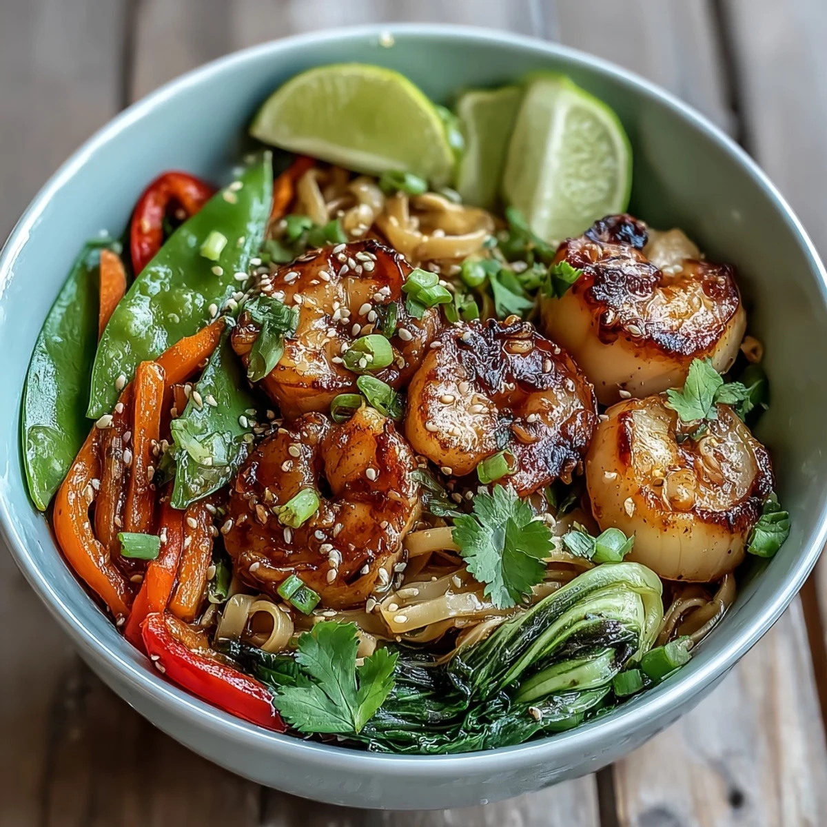 Fragrant Asian Noodle Bowl with Shrimp and Scallops garnished with lime, cilantro, and toasted sesame seeds in a savory broth.